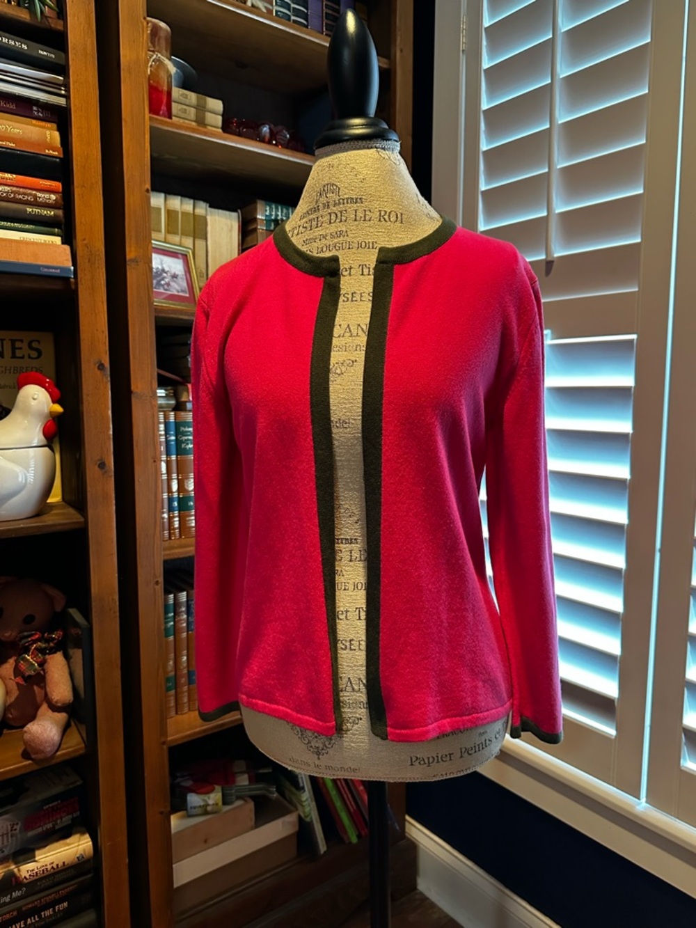 Rebecca Moses Raspberry Pink Open-Front Cashmere Cardigan with Green Trim